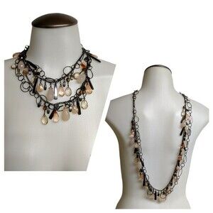 NY Collection Dangle Chains & Beads Necklace Black Beige